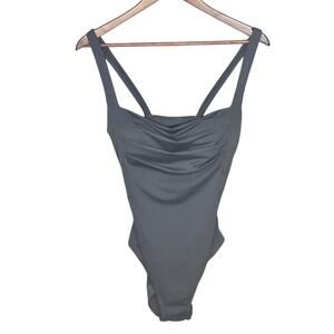 Calvin Klein Womens 14 Gray Ruched One Piece High Cut Swimsuit